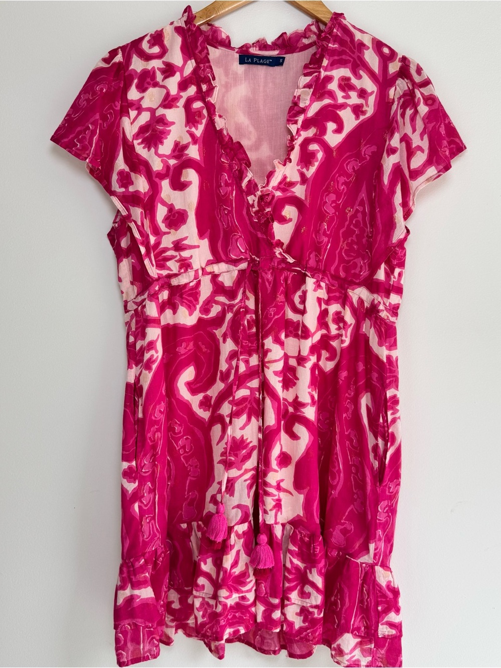 La Plage Magenta Pink‎ Tiered Ruffled Lined Cotton Mini Dress Size Small Resort - Picture 2 of 9